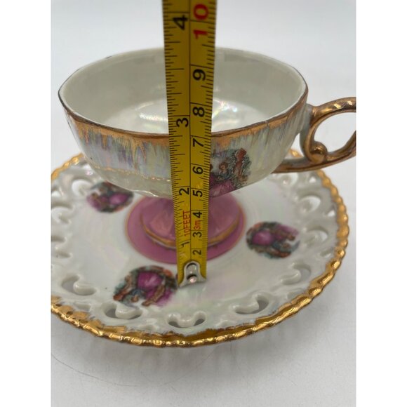 Vintage Porcelain Teacup & Saucer Set With Gold Trim & Romantic Scene Design - Picture 7 of 8